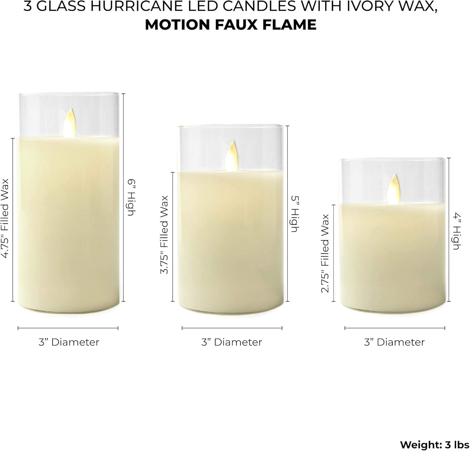 LumaBase Battery Operated Glass Hurricane LED Candles with Flickering Flame - Set of 3