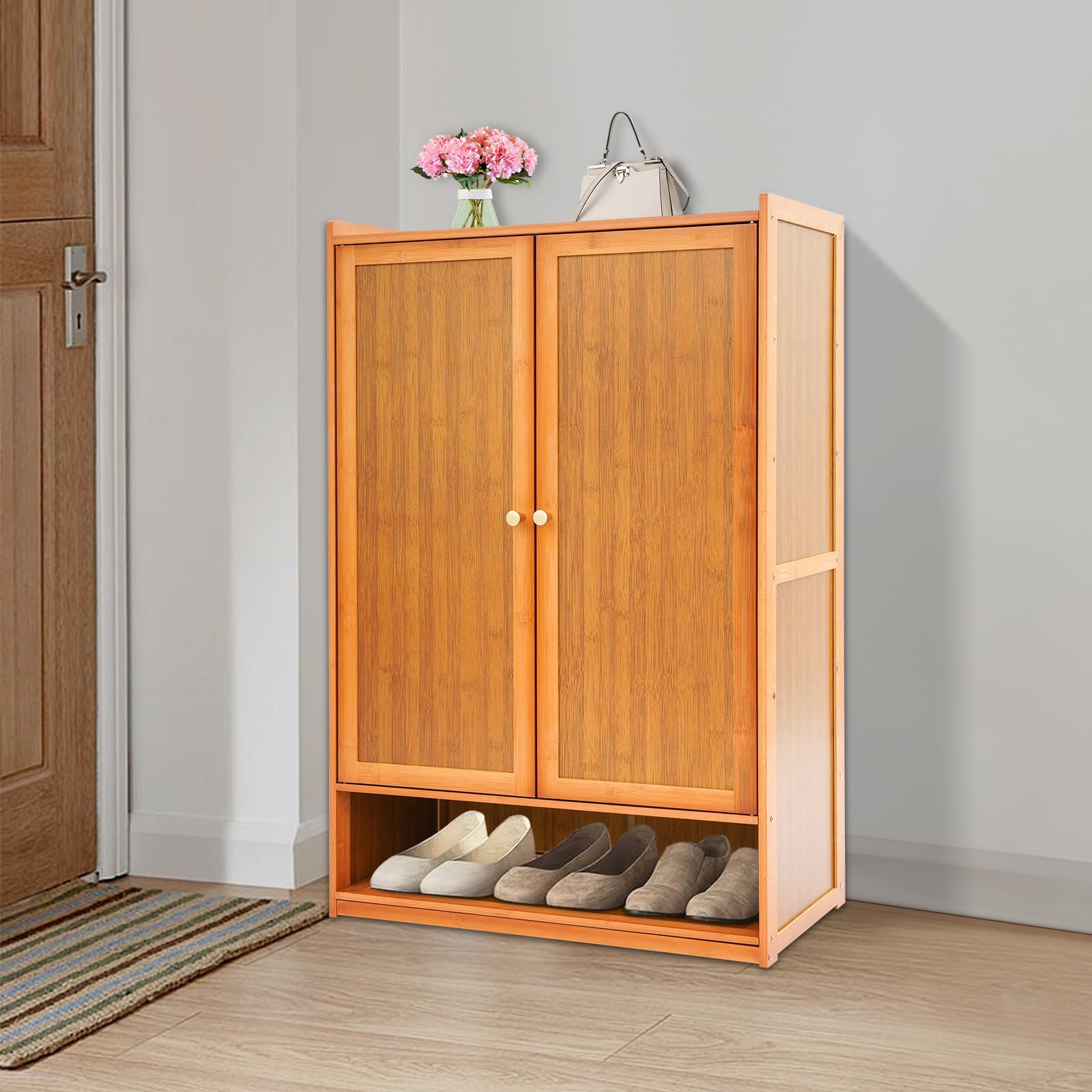 Scarpiera con 2 ante, 6 ripiani, in bambù, scarpiera salvaspazio, per corridoio, ingresso, camera da letto, 60 x 32 x 94 cm, 14-21 paia di scarpe, marrone, design retrò