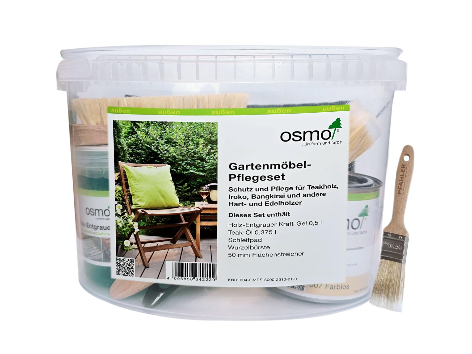 Osmo Gartenmöbel Pflegeset Holz-Entgrauer 500 ml Teak-Öl 007 0,375 l Schleifvlies Wurzelbürste Flächenstreicher 50 mm PFAHLER-Pinsel