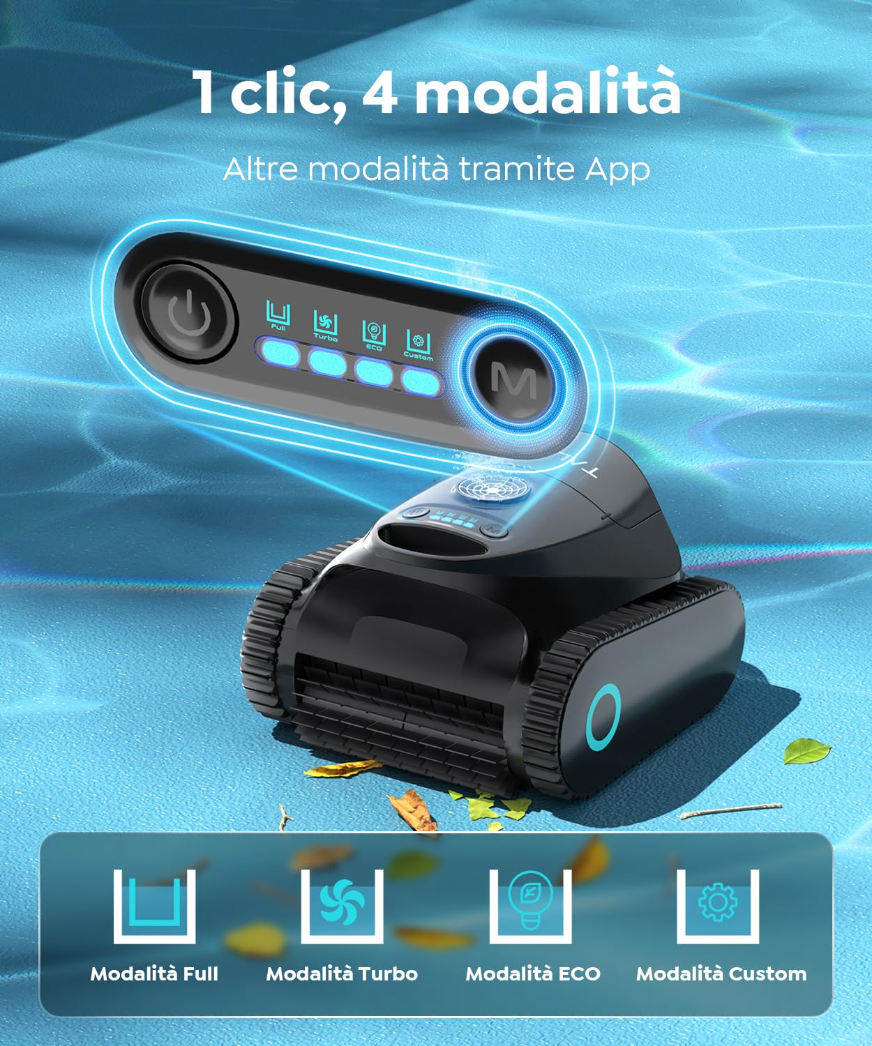 C1 Robot Piscina Pareti e Fondo, Linea d'acqua, Doppio Filtro, Aspiratore Piscina Senza Fili, 7 Modalità di Pulizia, 170-180 min, Pulitore con App, Robot Pulisci Piscine fino a 160 m²