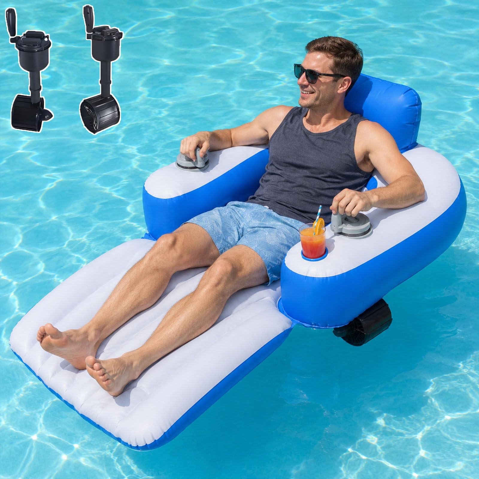 ErShangMao Motorized Pool Float,Electric Inflatable Pool Lounger for Adults,167 x 109 cm PVC Floating Chair with 50W Control,Cup Holder,Storage Bag,Motorized Inflatable Water Blob for Lake Trips