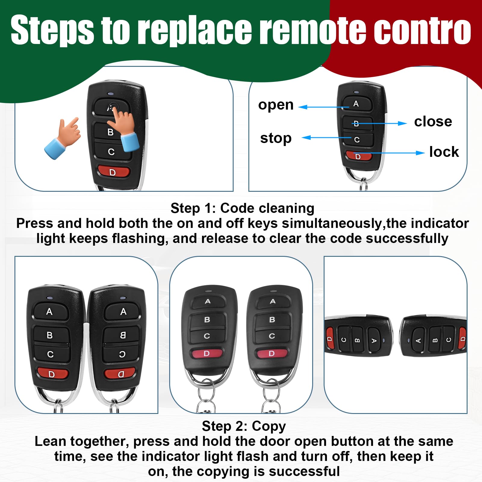 4 pcs Mando de Garaje Universal 433MHz – 4 Unidades, Control Remoto para Puerta de Garaje, Compatible con Mandos Automáticos (Negros y Rojos) — view 4