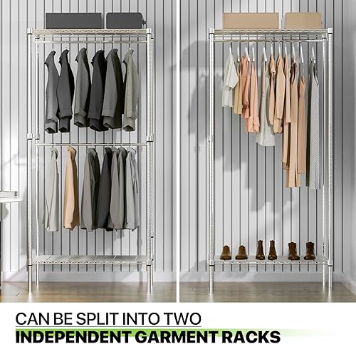 Miniatura 6 de Magshion Armario portátil independiente de 77 pulgadas, perchero ajustable con estantes, perchero de ropa resistente, color plateado