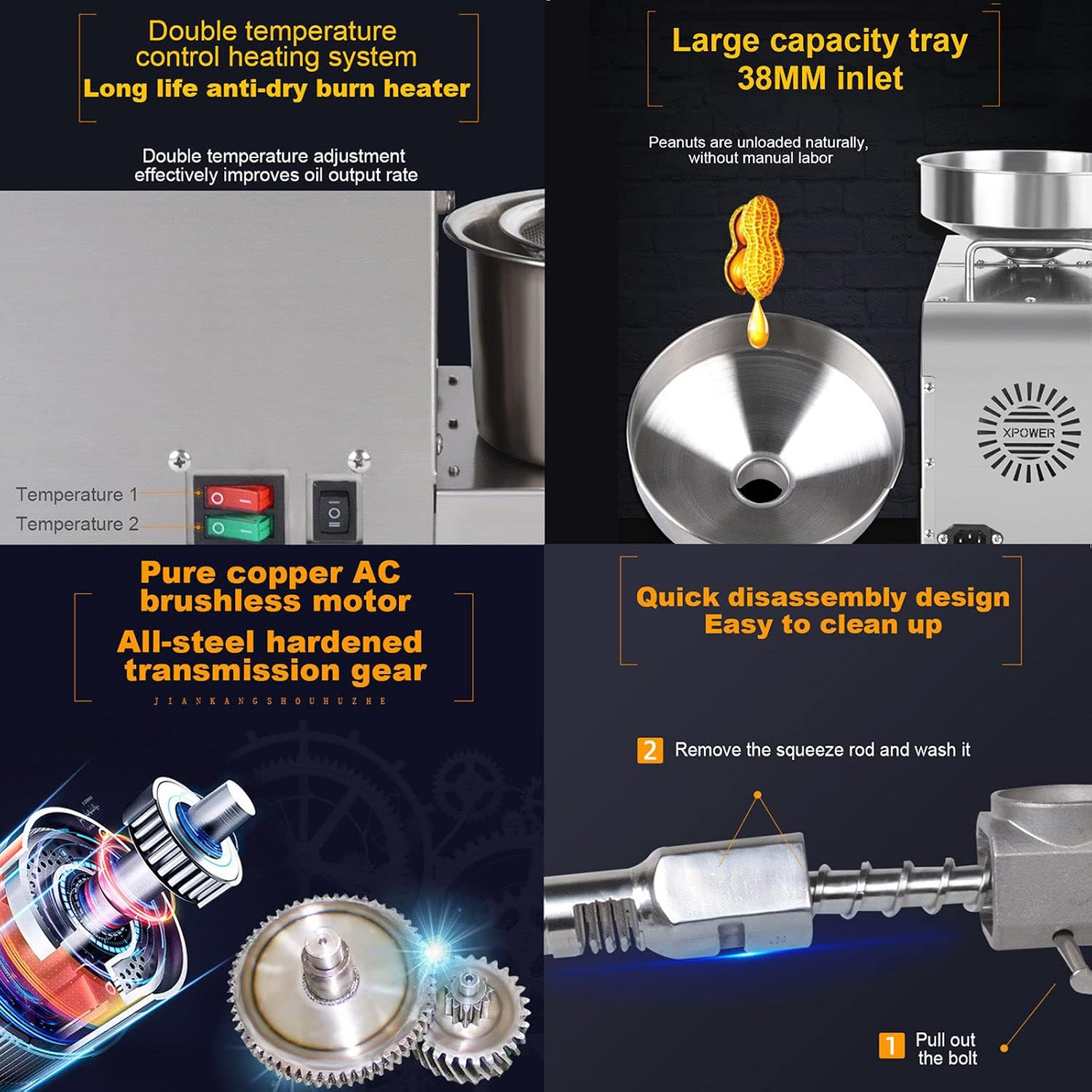 Silent Oil Press Machine Automatic Household Flax Seed Peanut Oil Press Oil Extractor Cold Hot Press Stainless Steel 24h Continuous Work Double Temperature Control Oil Yield: >50%