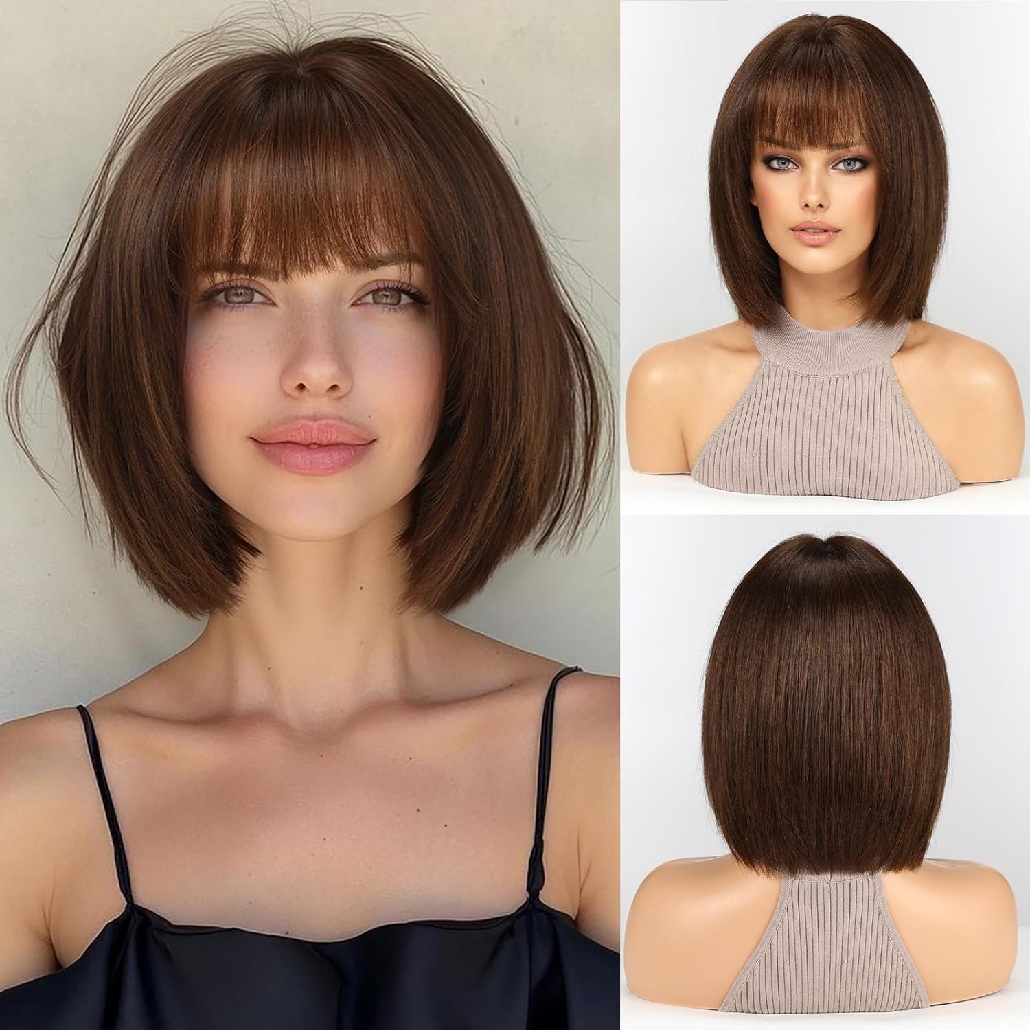 10 Inch Human Hair Wig with Bangs for Women – Short Bob Real Hair Wig, Dark Brown, Soft & Natural for Everyday Wear
