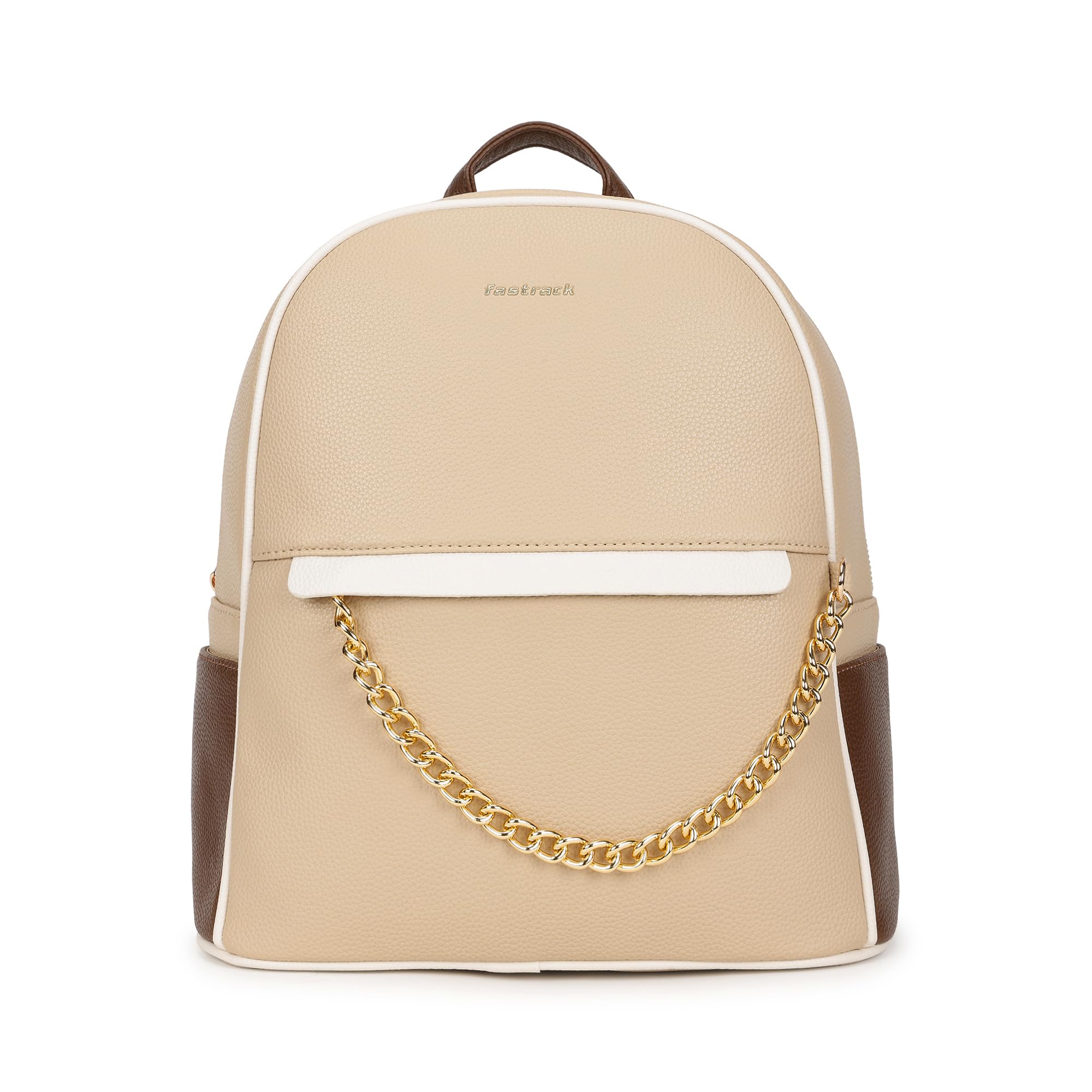 Couture Carry Backpack | Beige Pebbled Faux Leather Backpack with White Accents & Gold Chain Detail | Spacious Compartment with Tablet Sleeve, Organizer Pockets & Adjustable Straps-image-5
