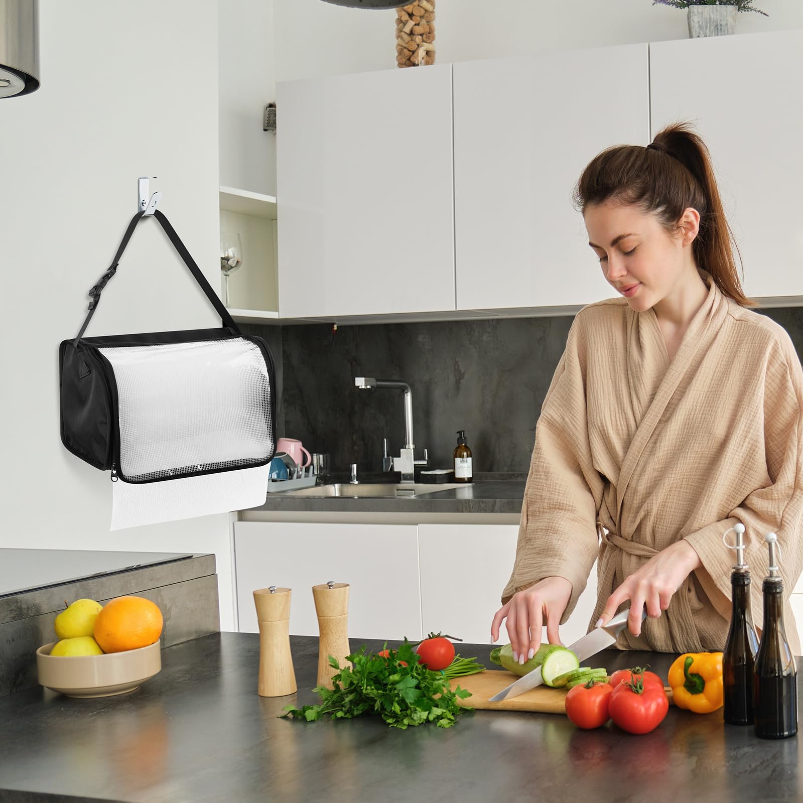 Soporte para toallas de papel de cocina, dispensador de toallas de papel colgante con cubierta transparente, papel fácil de rasgar, impermeable, soporte para toallas para organización y almacenamiento 7