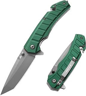 FLISSA Folding Pocket Knife, Tactical Knife with Liner Lock, Tanto Blade, Pocket Clip, Glass Breaker, Seatbelt Cutter, Perfect for Hunting, Camping, Survival (Green) - FLISSA