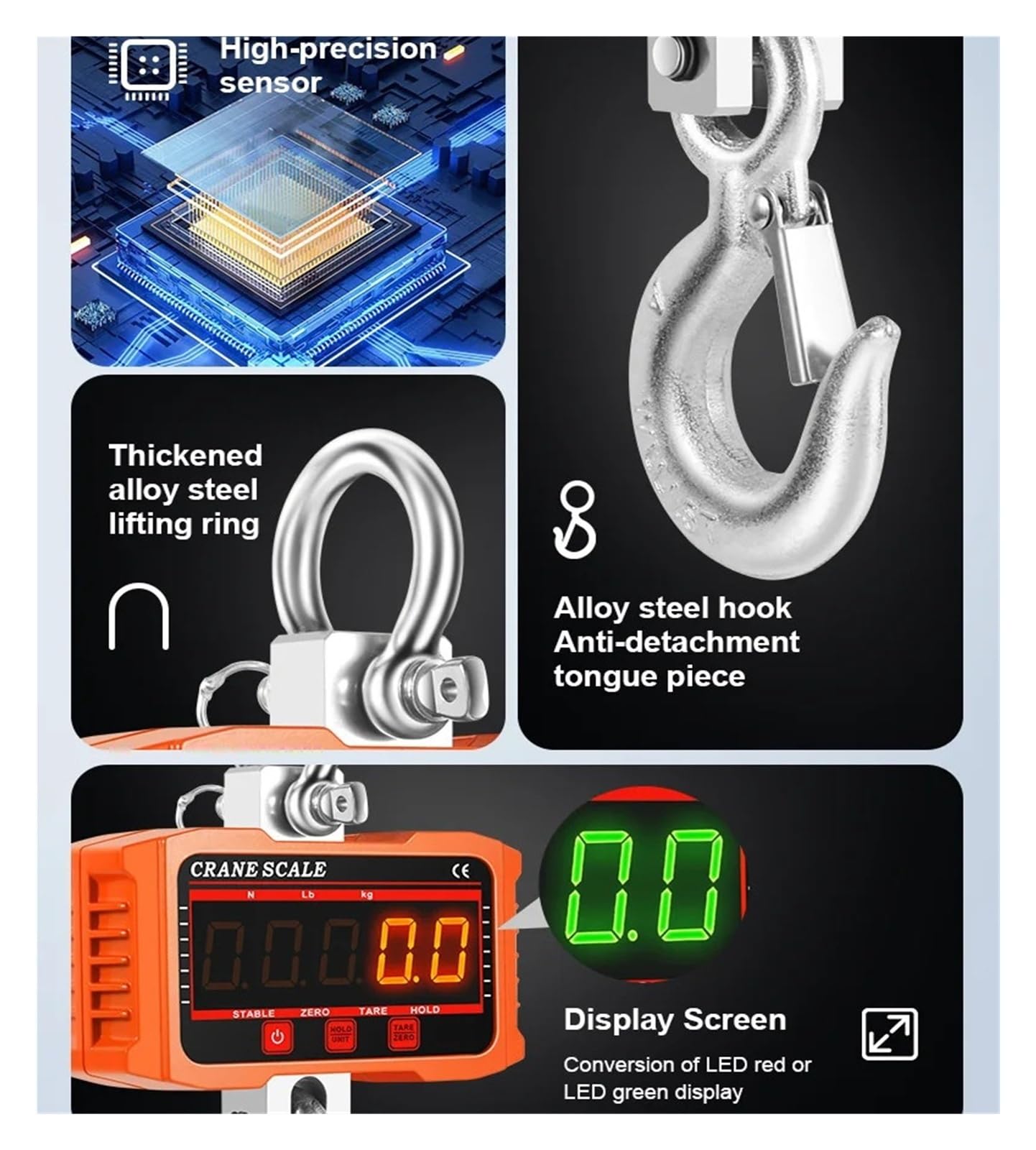 Bilancia sospesa elettronica Bilancia portatile con gancio portatile LED con telecomando Forte capacità(500kg ORANGE)