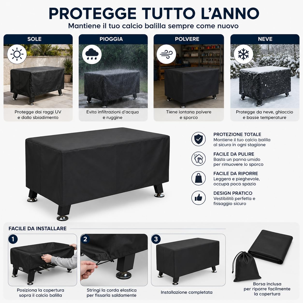 Besttoolifes Telo protettivo impermeabile per tavolo da calcio per esterni e interni, 170 x 117,5 x 69,5 cm, in poliestere nero