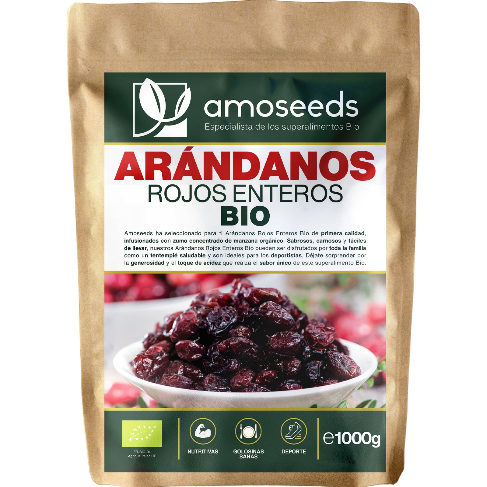 Arándanos Rojos Enteros BIO 1KG | Sin Azúcares Añadidos, Deshidratados | Endulzado con zumo de manzana | Primera Calidad