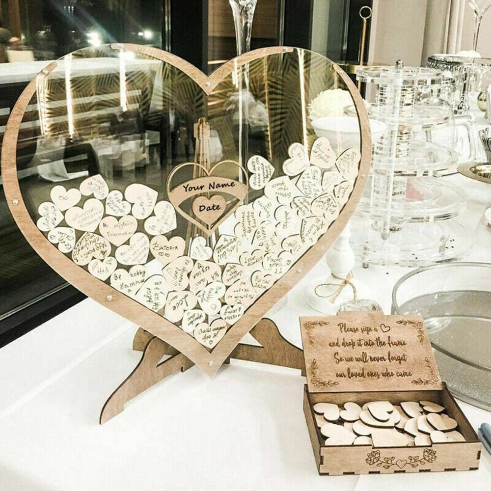 Ccarzzi Wedding Guest Book Alternative 80 Wooden Hearts Acrylic Wedding Books for Guests to Sign, with Storage Box, for Wedding Decorations, Graduation, Baby Shower