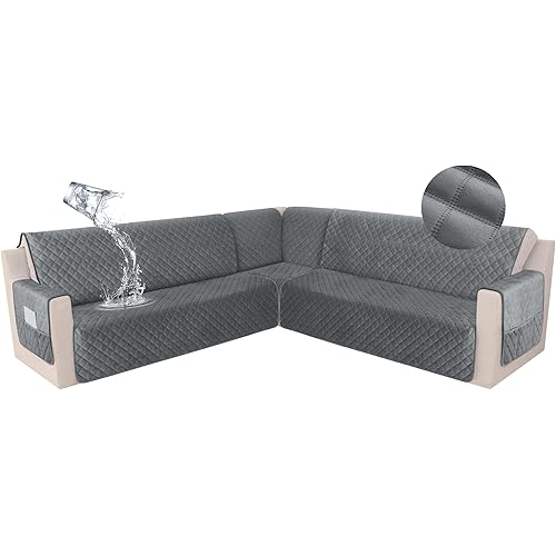 HDCAXKJ Waterproof Corner Sectional Couch Cover Velvet L Shape Sofa Covers for Pets Dogs Soft Heavy Duty U Shaped Sofa Slipcovers Sets for Sectional Non Slip Furniture Protector (Dark Gray, XX-Large)