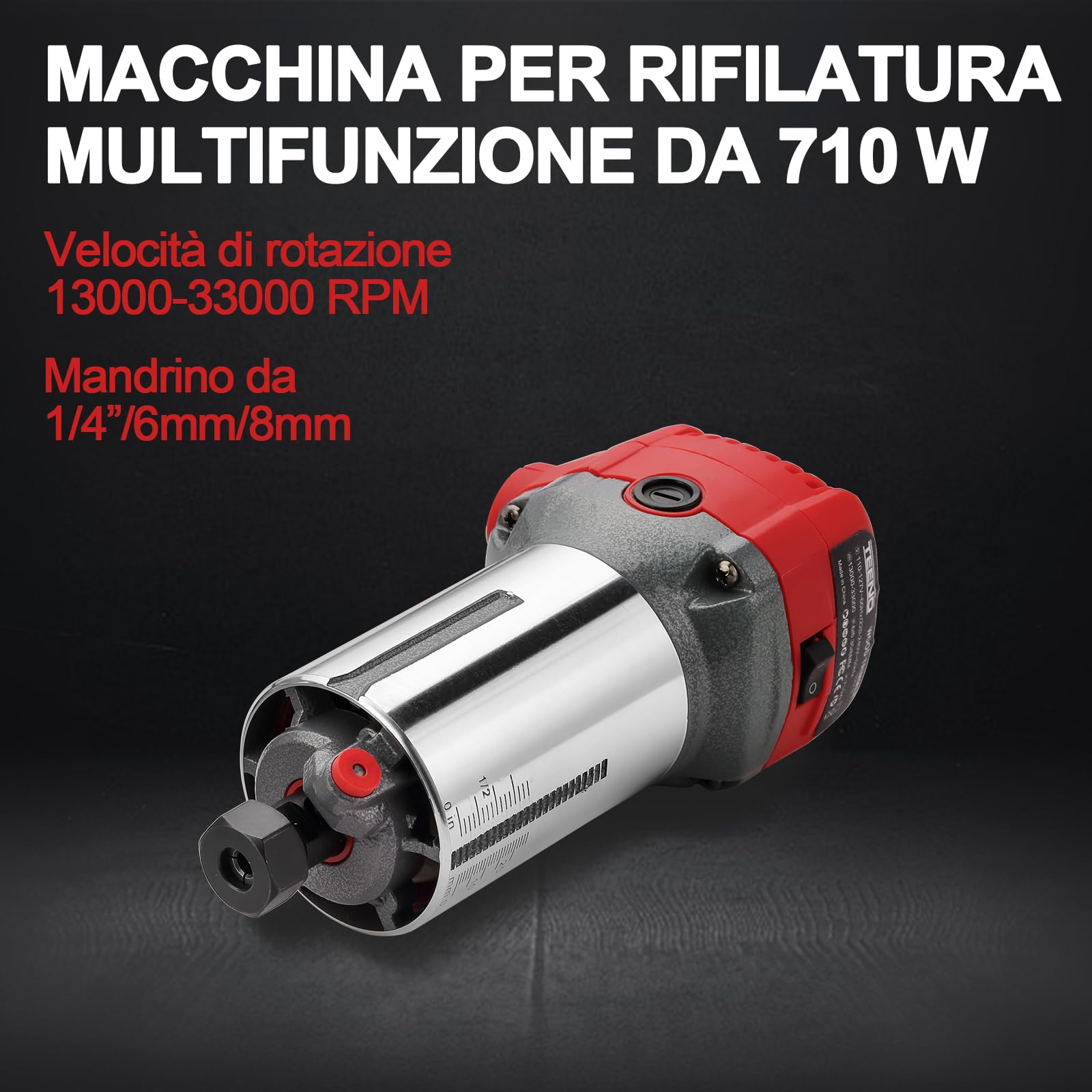 TEENO Rifilatore Fresatrice Verticale per Legno 800W 13000-33000 RPM Con Copertura Antipolvere, Legno Rifilatrice Elettrica Con 5 pezzi 1/4" Fresatura Cuter, 6 Velocità Variabili, Mandrino 6/6.35/8mm