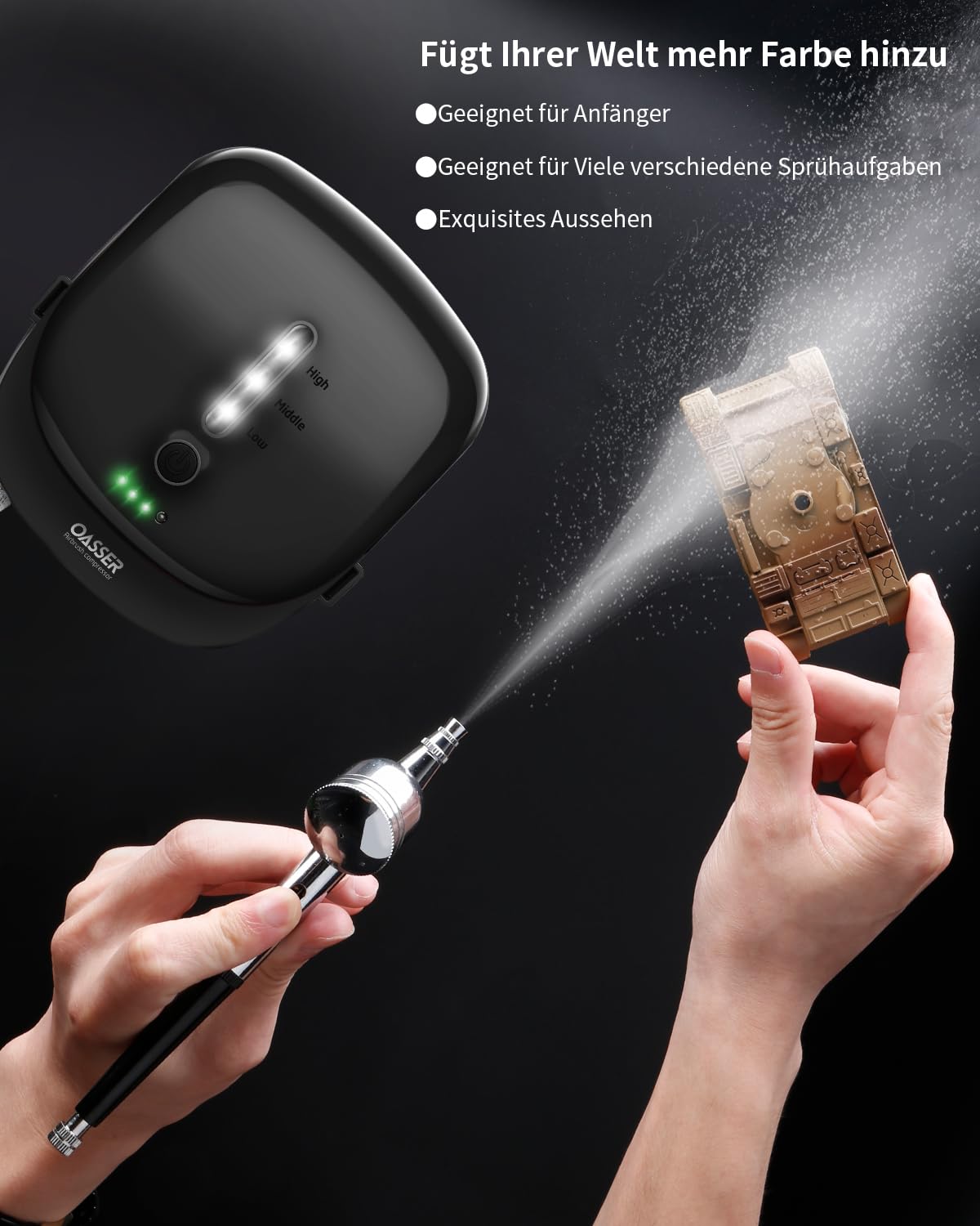 Oasser Airbrush Set Kompressor Dual Action 3 Modi 1000mAh Akku 0,3mm Düse 7CC Tasse Schwarz