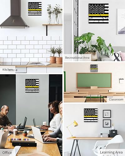 Miniatura 5 de Reloj de pared de madera con bandera de línea amarilla fina, silencioso, sin tictac, bandera estadounidense, rayas amarillas, reloj de pared