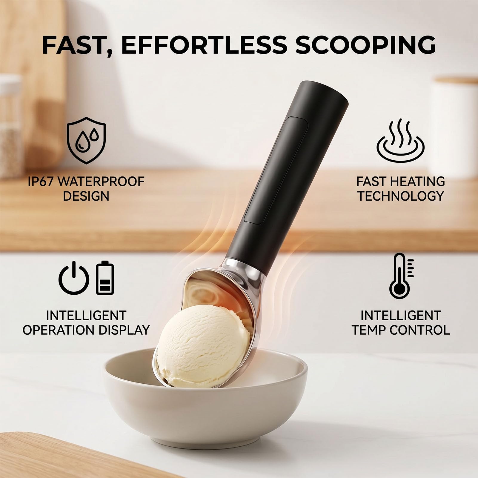 Keenso Cuillère à Glace Chauffée Rechargeable, Cuillère à Glace électrique Chauffante pour Dure