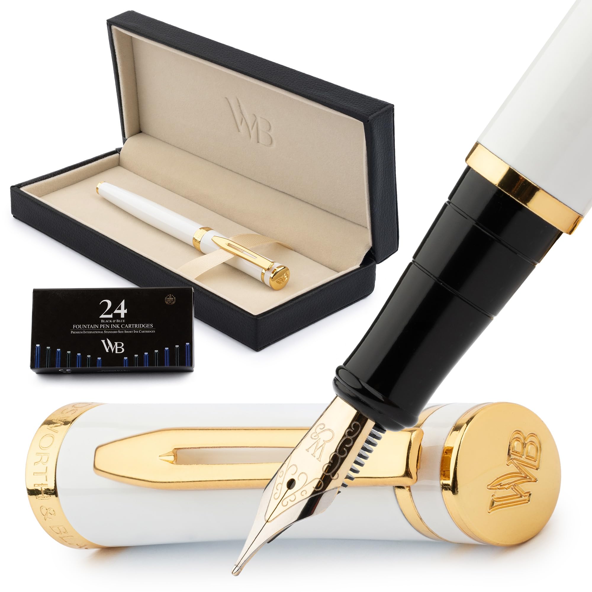Wordsworth &amp; Black Luxury Fountain Pen Set for Writing, Medium Nib, White