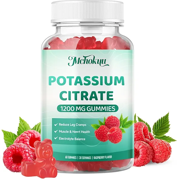 Potassium Citrate Gummies 1200mg, High Potency Potassium Supplement for Adults & Kids, Women & Men Support Leg Cramps & Muscle Health & Electrolyte Balance,Vegan Free, Raspberry Flavor, 60 Count