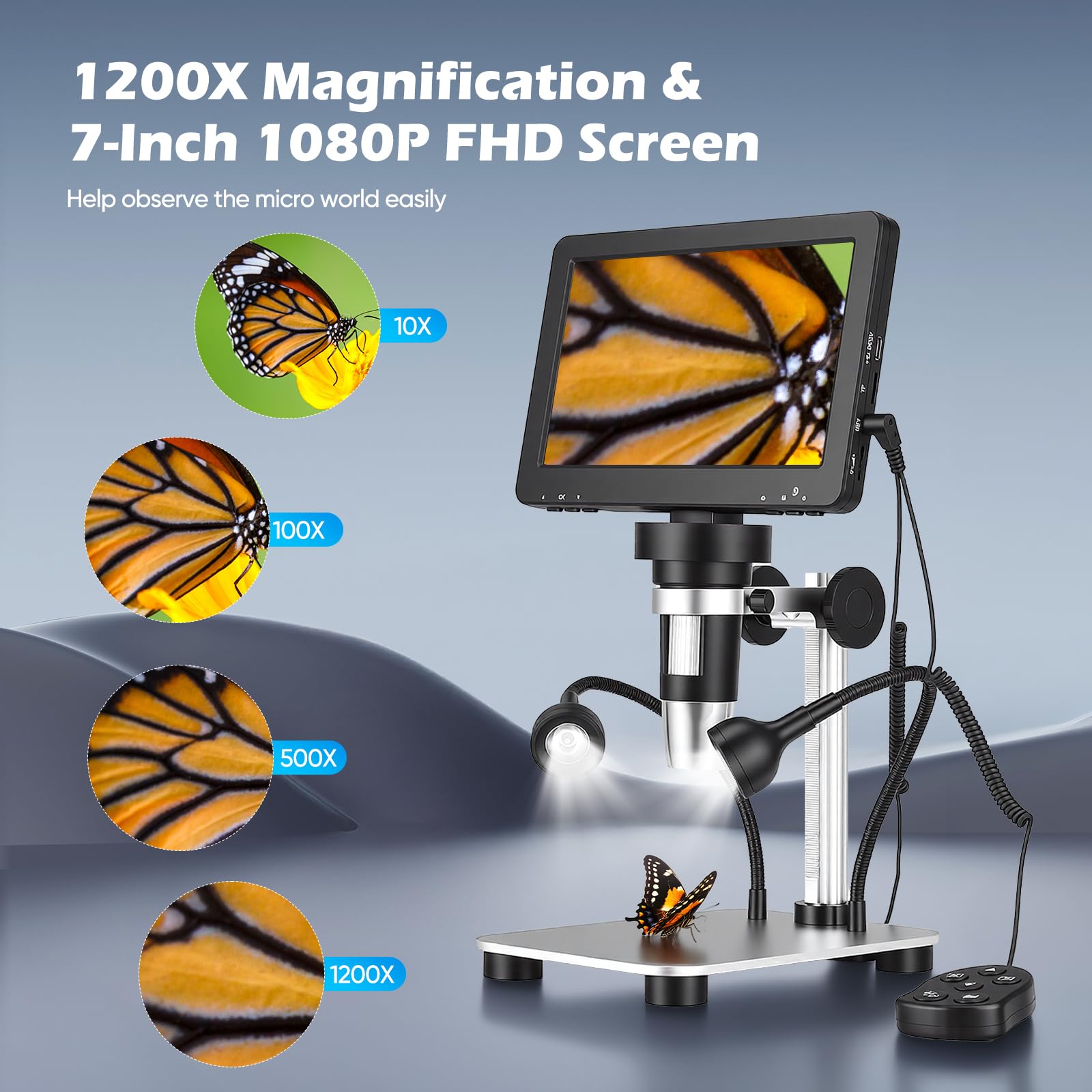 Microscopio Digitale Elettronico Portatile da 7 Pollici 1080P · USB 1200x · Adatto a Tutte le Età · Compatibile con Windows/macOS · per Monete e Kit Biologico