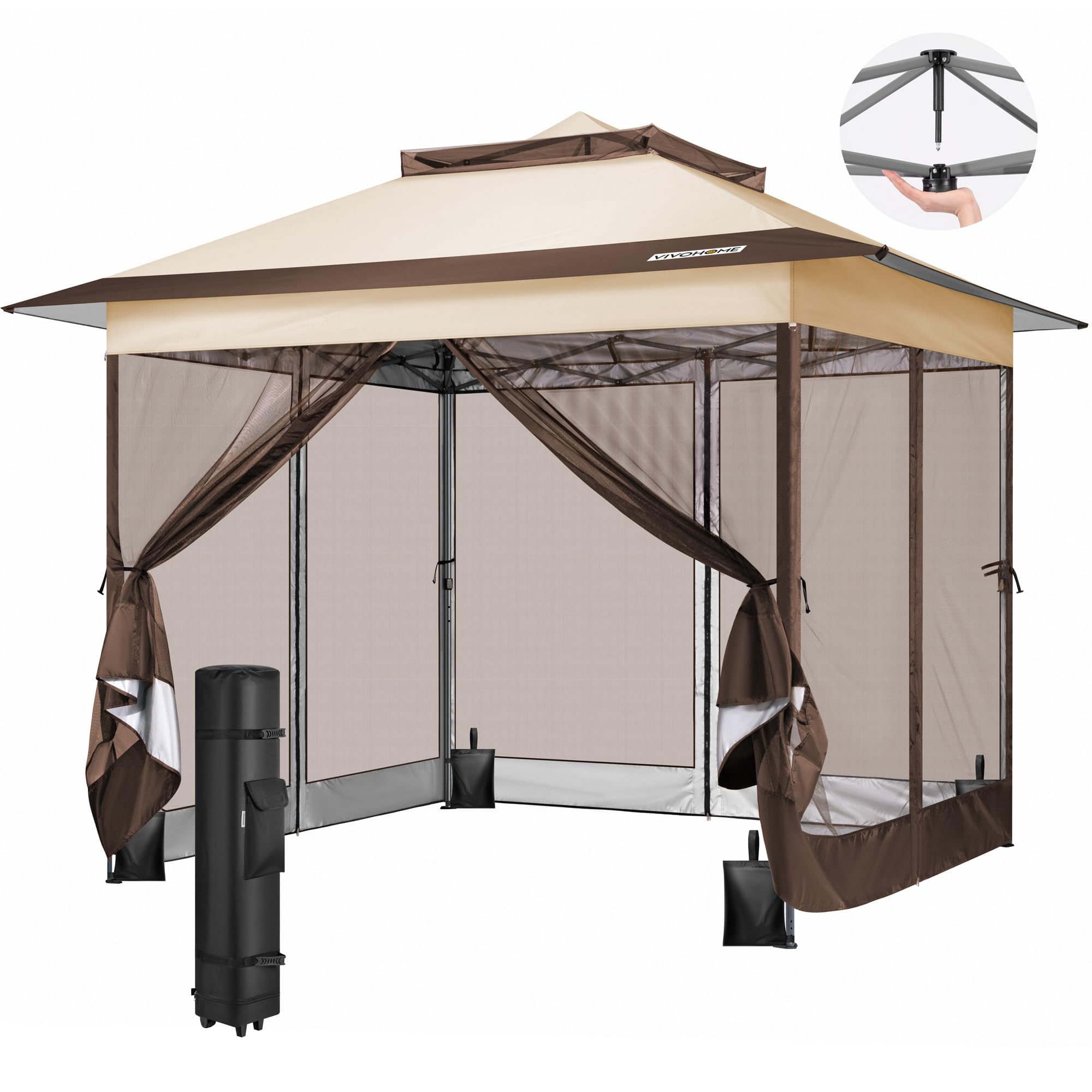 VIVOHOME Pavillon 3 x 3 m Zelt für Außenbereich wasserdicht mit Moskitonetz tragbare Rolltasche für Hof Camping Picknick Partys und Veranstaltungen