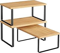 SONGMICS Stackable Spice Rack Set of 3 - Expandable Kitchen Cabinet Organizers, 11lb Capacity, Ink Black & Natural Beige UKCS014YL03