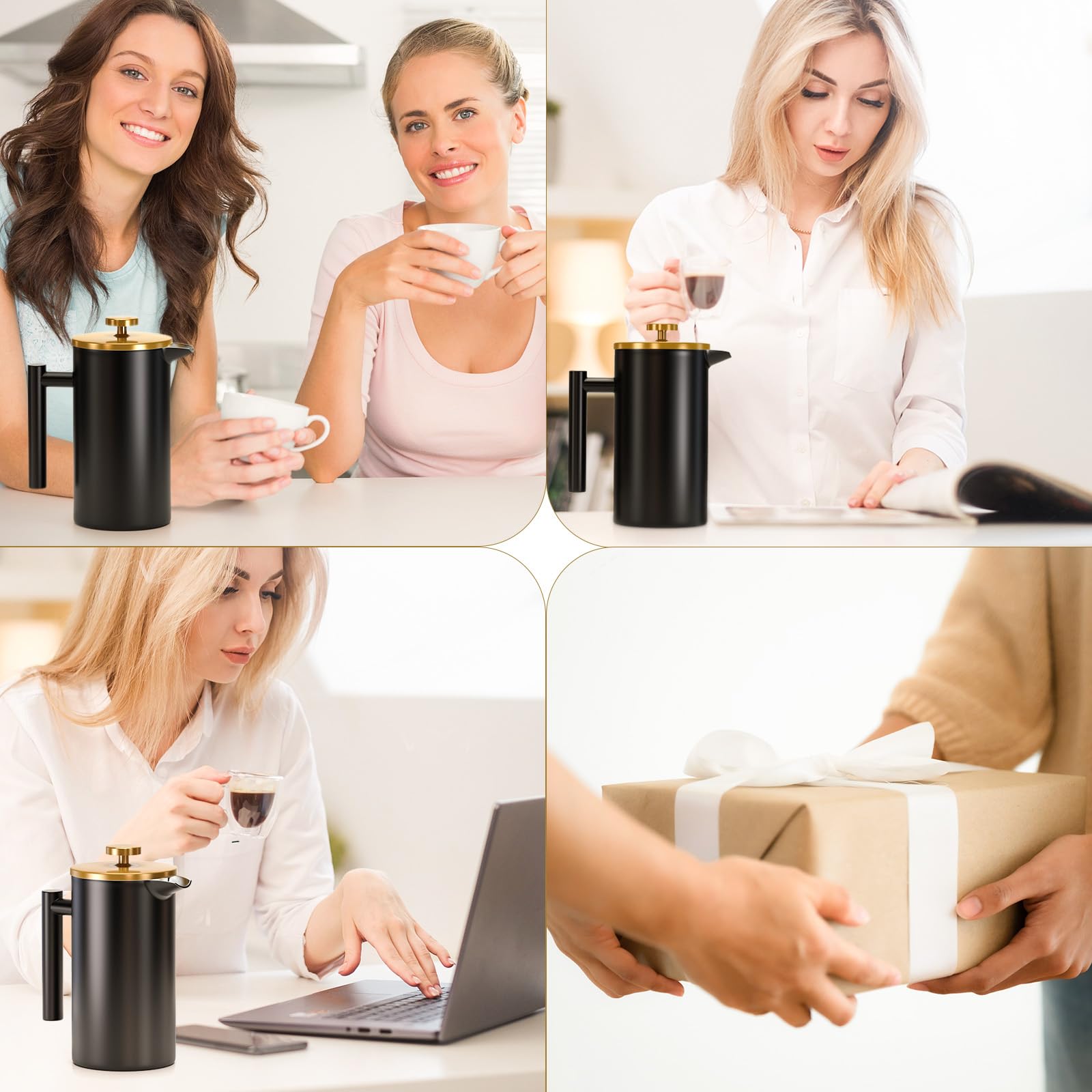 Cafetera Prensa Francesa 350ml Acero Inoxidable Filtro 4 Capas Aislamiento Negro
