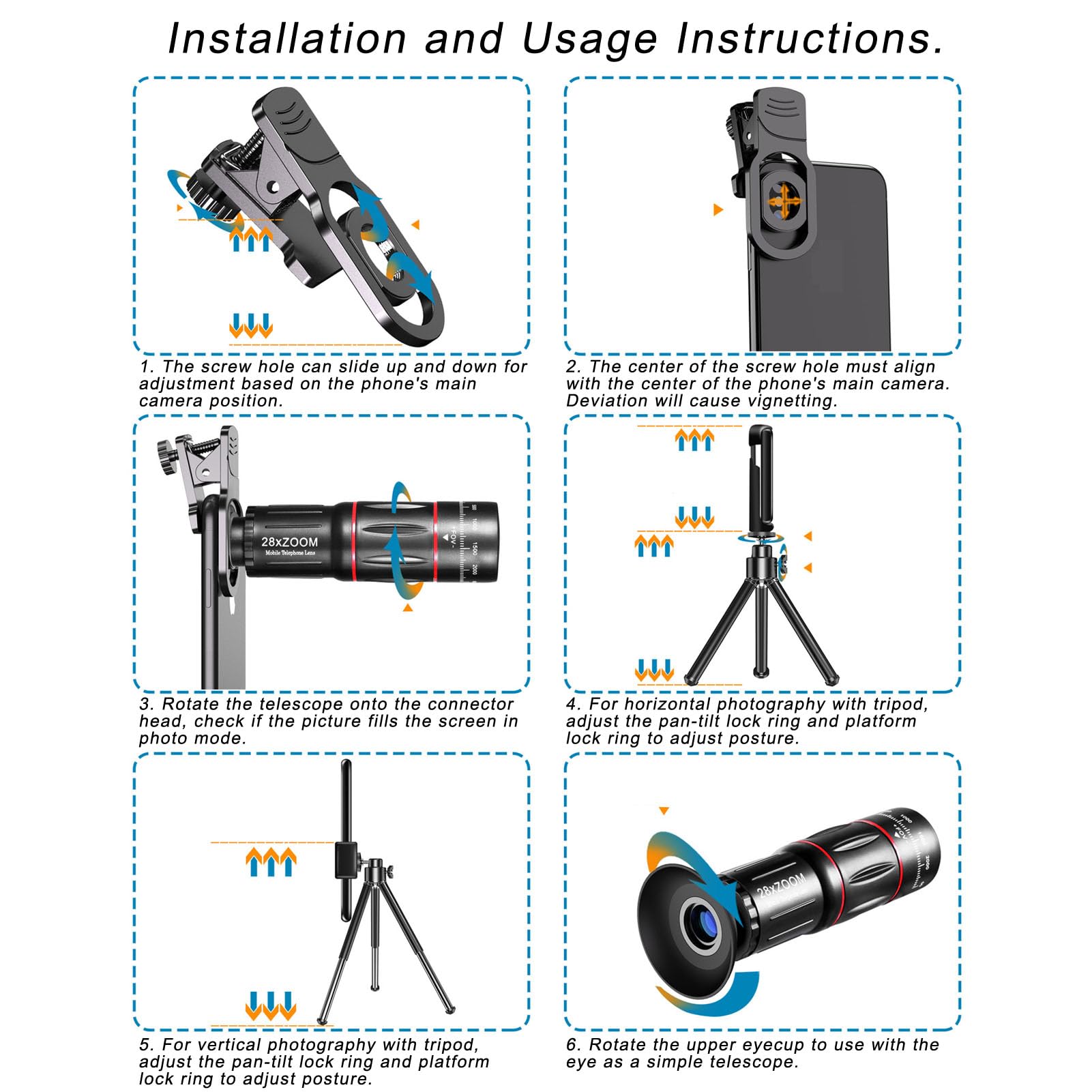 Dpofirs Kit Obiettivi Fotocamera Telefono, Set di Obiettivi Clip Universale 4 in 1 con Teleobiettivo 28X, Grandangolo 0,6X, 20X, Macro, Obiettivo Fisheye 198°, Morsetto Regolabile e