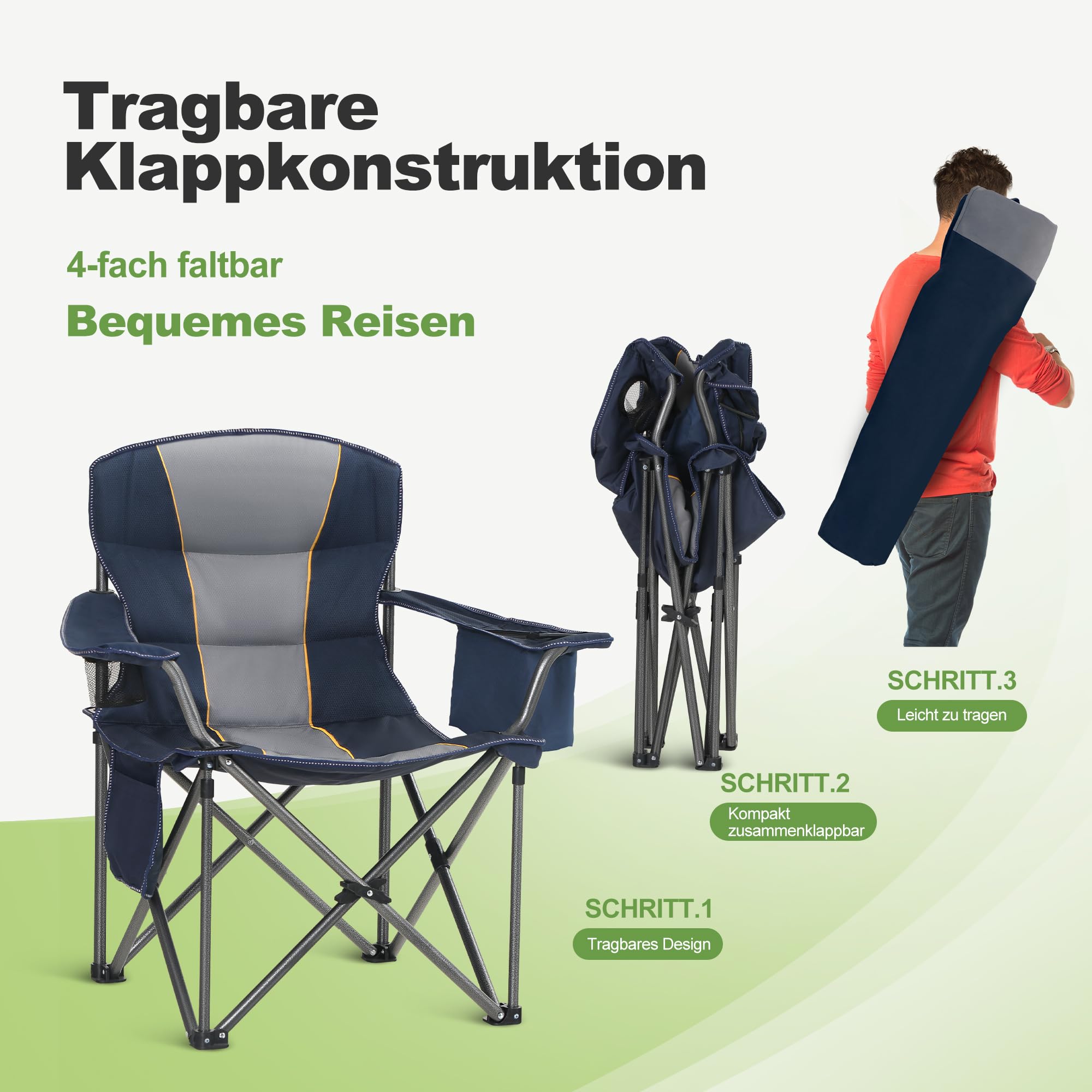 LET'S CAMP Chaise de Camping Pliante surdimensionnée avec Porte-gobelets, Sac Isotherme, Chaise d'extérieur en Oxford 600D jusqu'à 200 kg