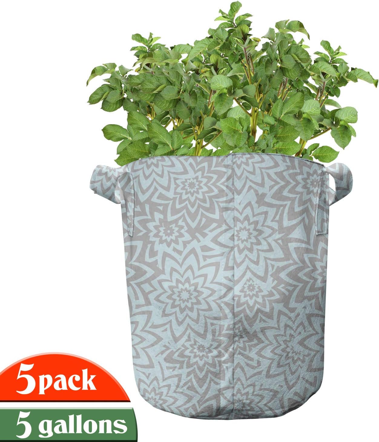 Ambesonne Flower Grow Bags 5-Pack, Summer Blooms Petals, Heavyduty Fabric Pots with Handles for Plants, Pale Blue Taupe