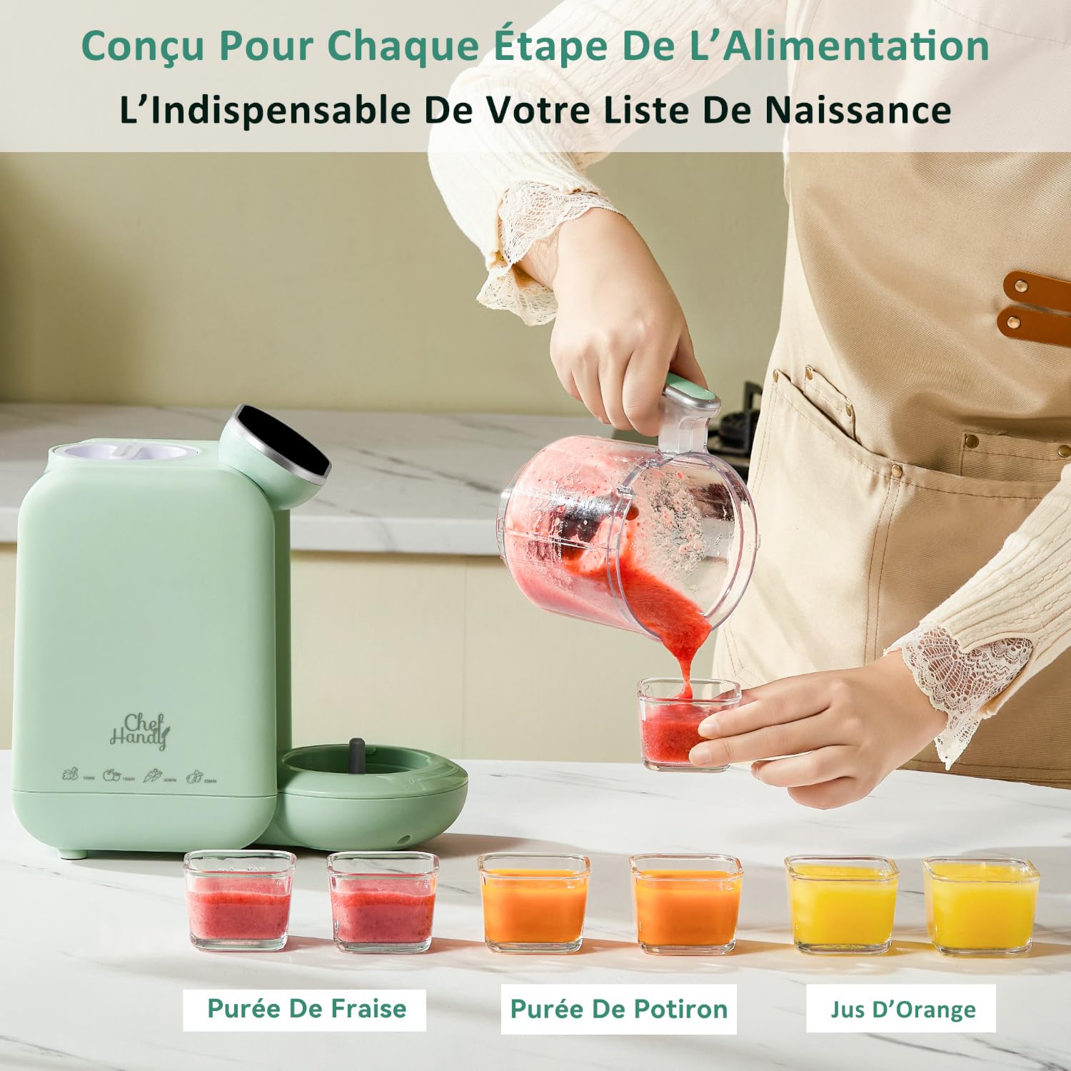 Robot Bébé Cuiseur Mixeur 5-en-1 Chefhandy avec Chauffe-biberon, Stérilisation, Mixage Automatique et Manuel (Vert)