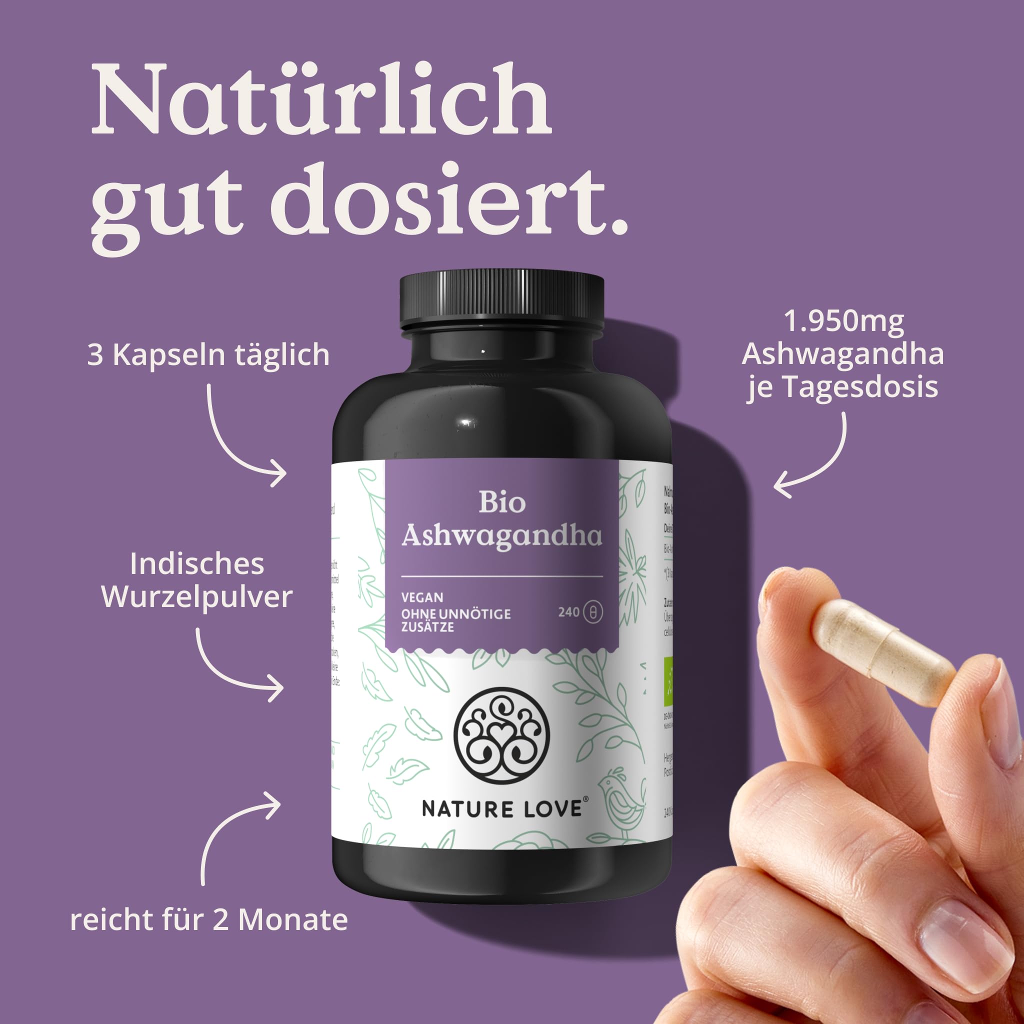 NATURE LOVE® Bio Ashwagandha - 240 Kapseln - Hochdosiert mit 1950mg je Tagesdosis - Hochwertiges indisches Ashwagandha - Laborgeprüft, vegan, in Deutschland produziert
