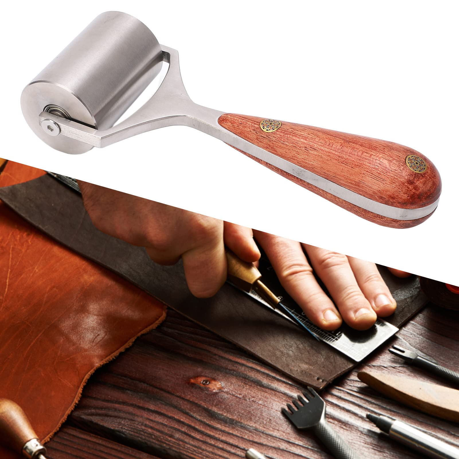 Rouleau de Bord de Presse en Cuir, 60mm Raineur de Bord en Cuir, Rouleau de métal avec Poignée dn Bûche, Outil de Plastification Du Cuir Bricolage pour Artisanat Du Cuir