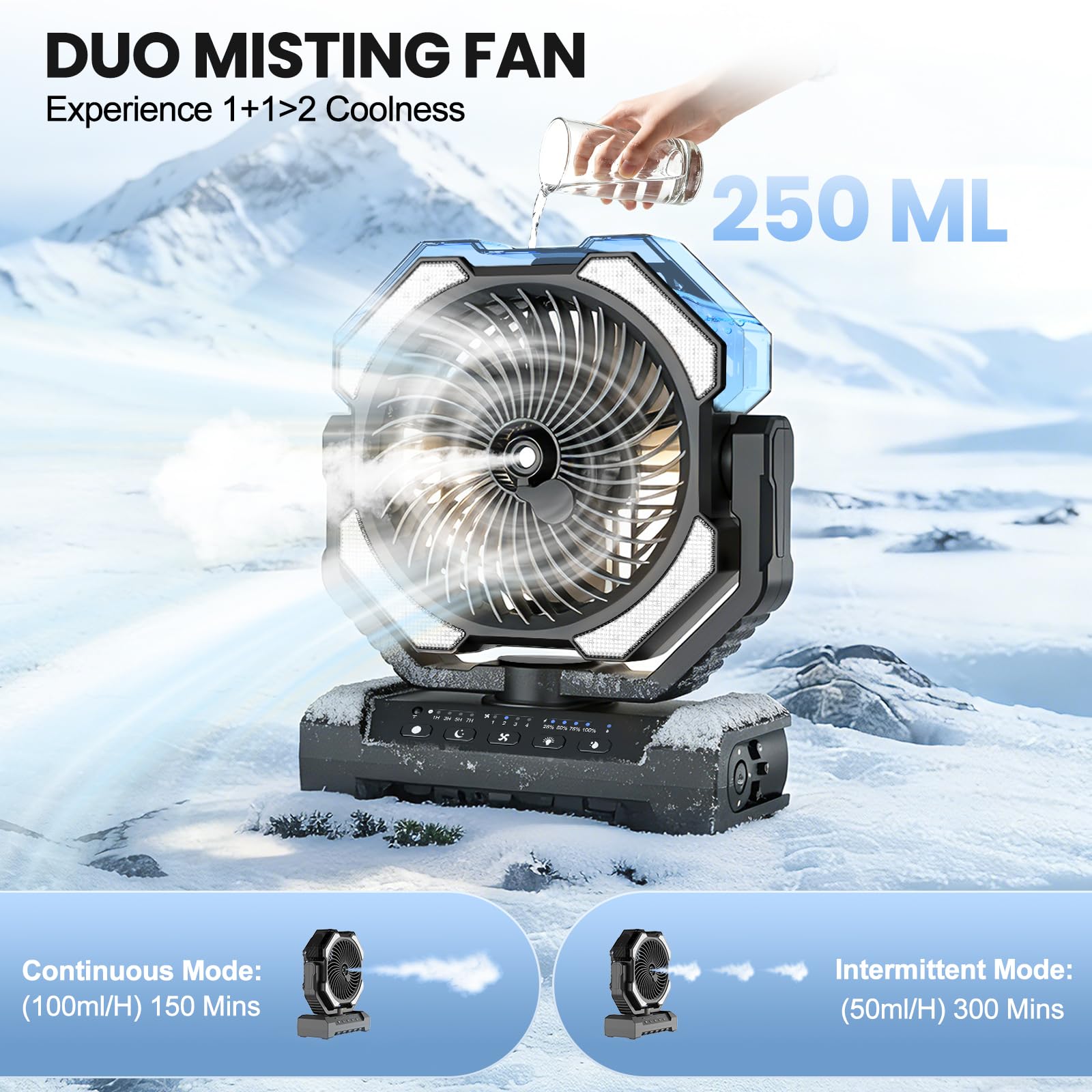 Ateroll 20000 mAh Akku Camping Ventilator mit Sprühnebel, USB Ventilator mit Fernbedienung, LED, Aufhängehaken Tischventilator