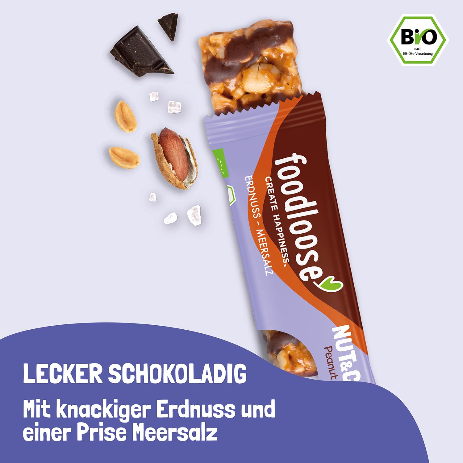 foodloose Bio-Nut&Choc Riegel Peanut Crush | Vegane, laktose- und glutenfreie Bio-Nussriegel ohne raffinierten Zucker | Dunkle Schokolade, Erdnuss & Meersalz | Vorteilspack (24 Riegel x 35g)