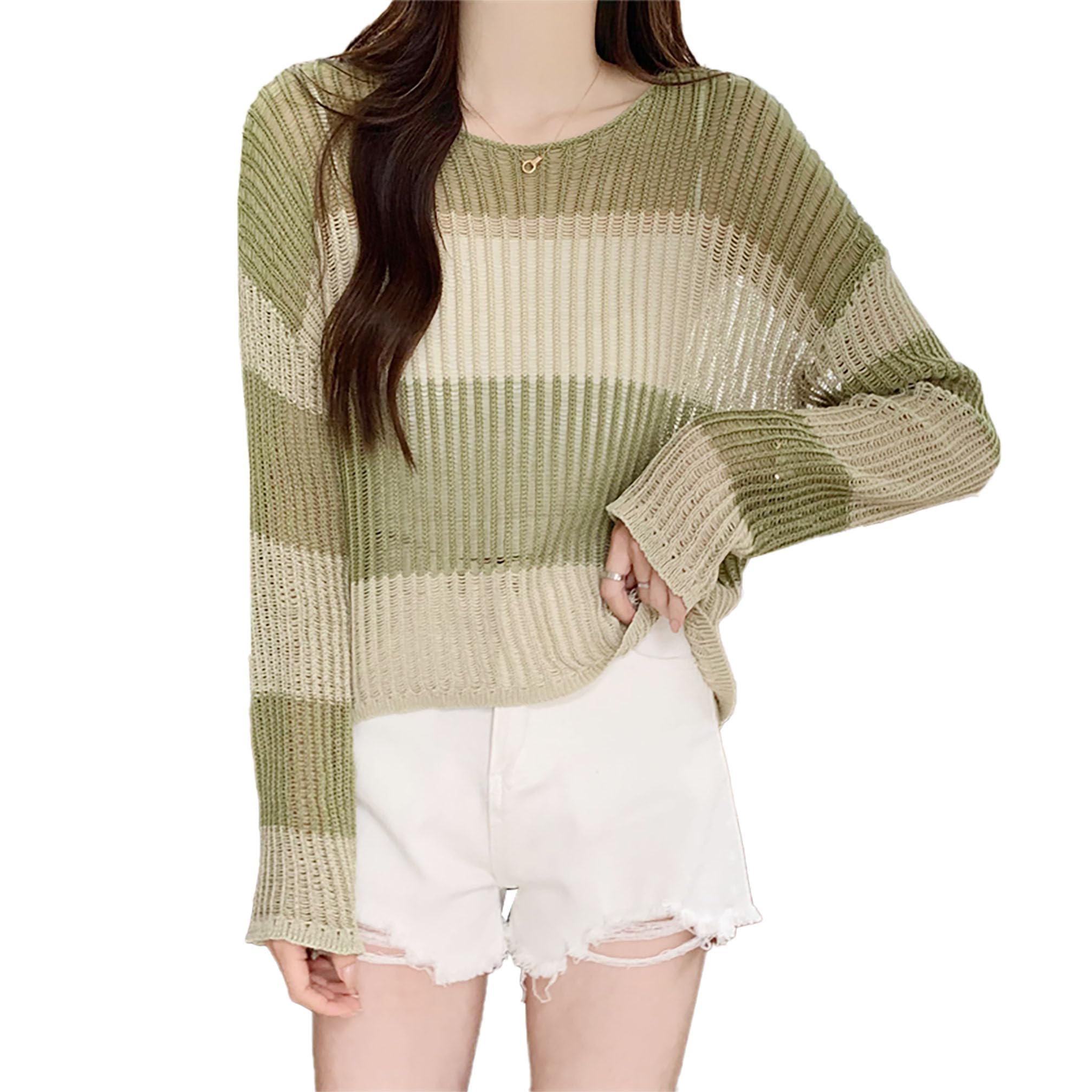 Women's Knitted Transparent Hollow Out Loose Round Neck Long-Sleeve Color Block Stripe Pullover Top T-Shirt Dn16