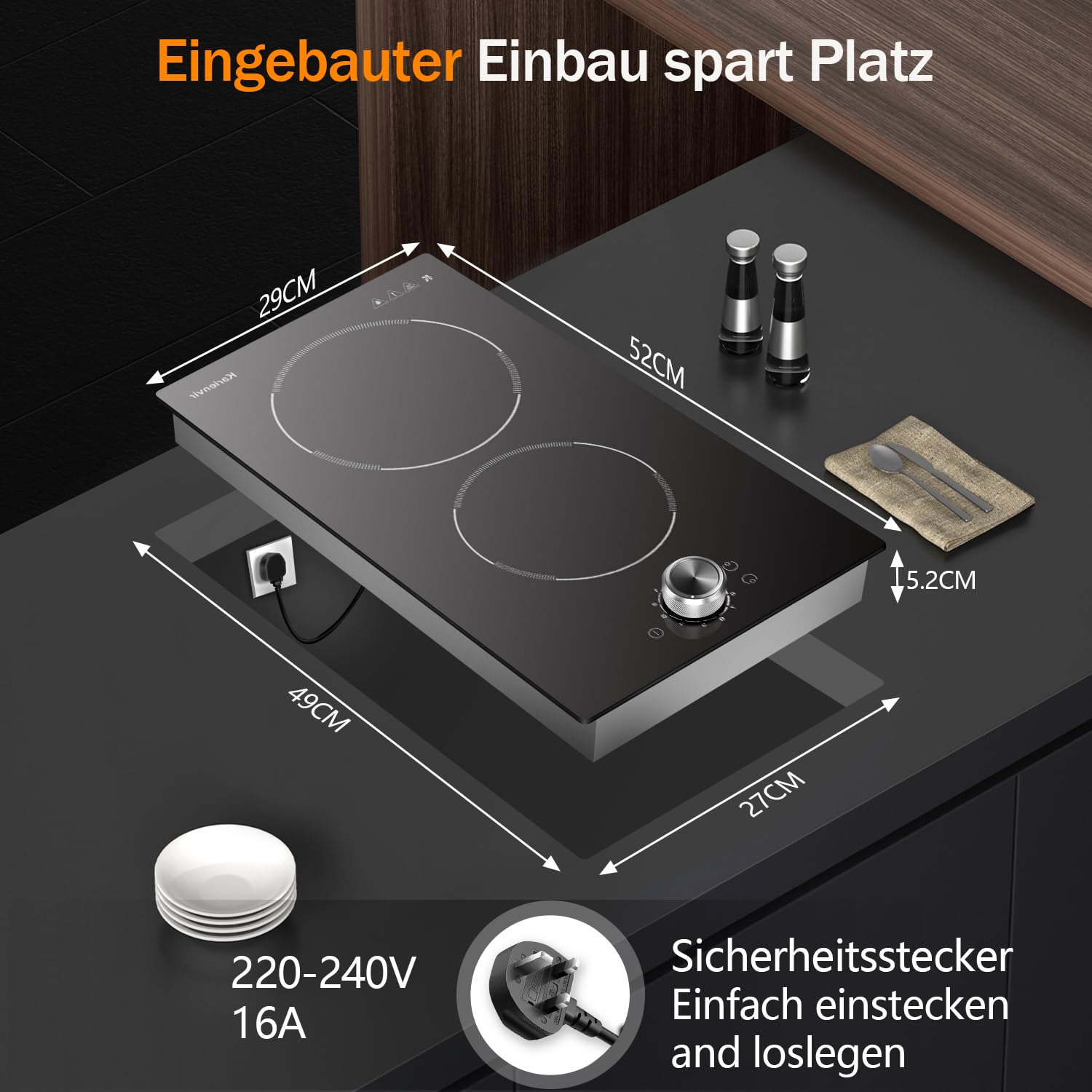 Glaskeramikkochfeld 2 Platten mit Stecker, Herdplatte 2 Kochfelder mit Knopf & Touch Control, 30CM Autarks Doppel Einbau Kochplatte, 9 Heizstufen, 2800W, 220-240V