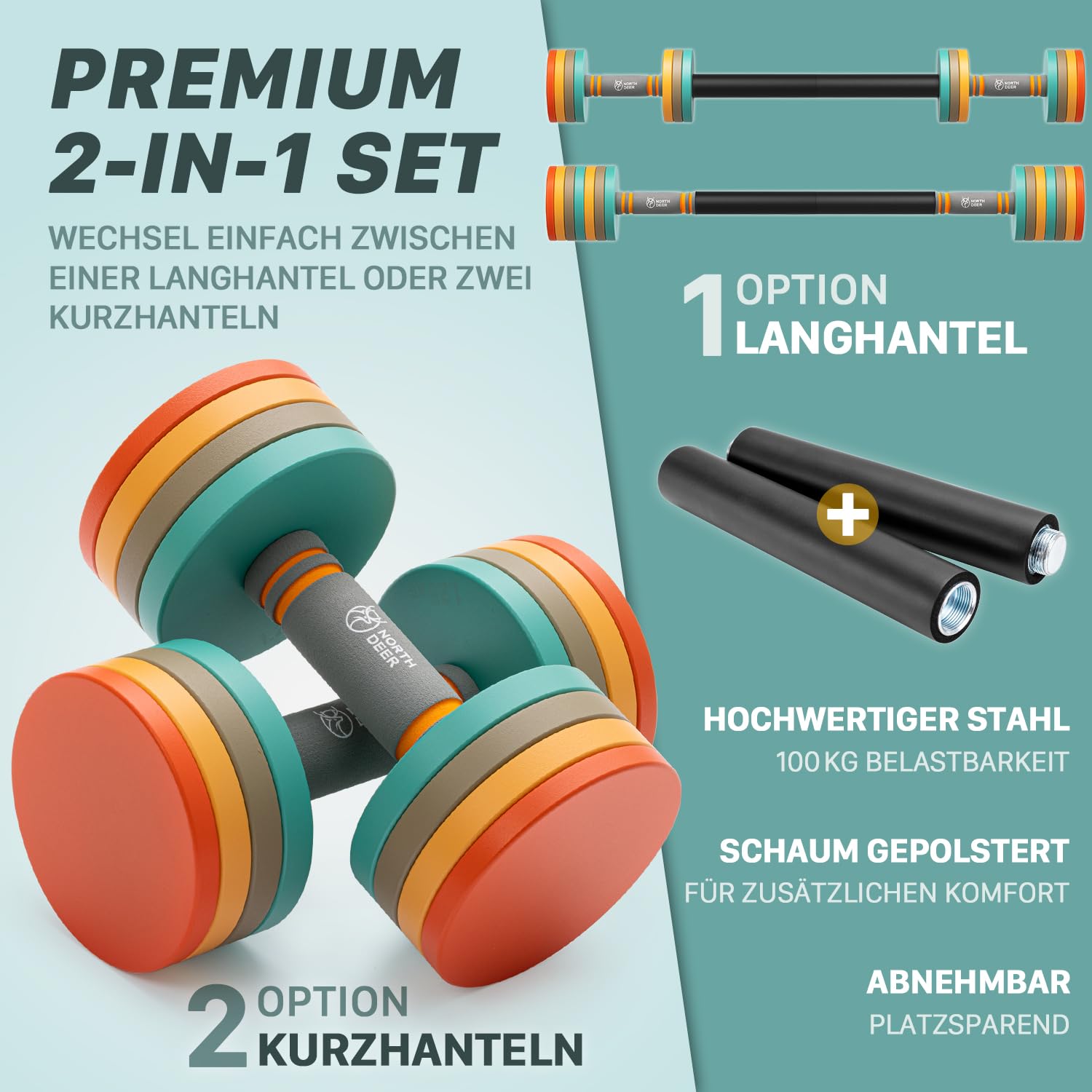 Northdeer 2in1 Set Verstellbar Stahl Kurzhanteln Langhanteln 10kg 2er Set - Ultrakompakte Gewichte 2,5kg 3kg 5kg 5,5kg 7,5kg 8kg 10kg mit Verbindungsstange für Fitness Training Gym Zuhause