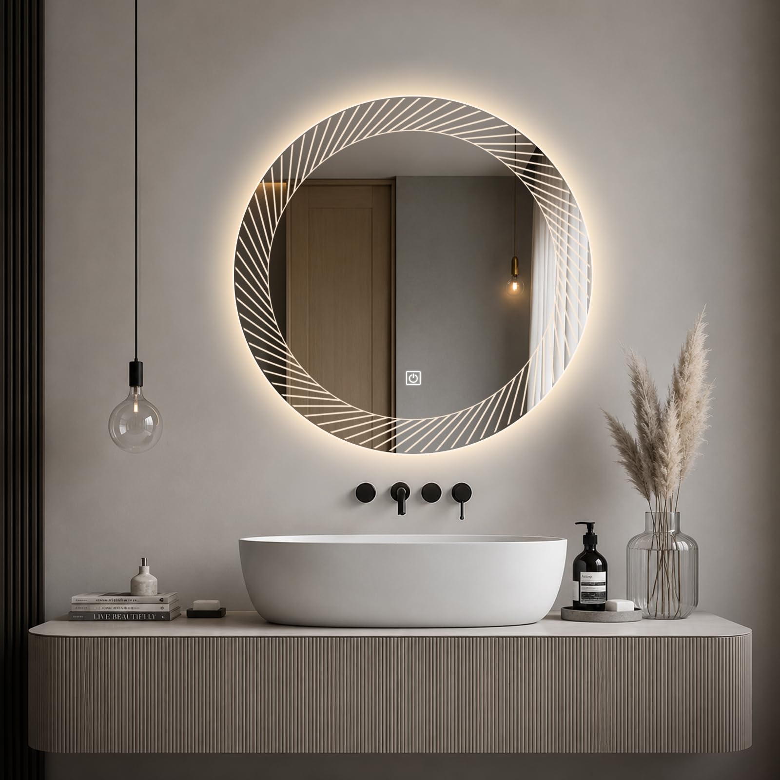 Rund Badezimmer Wandspiegel mit LED Beleuchtung, 50cm | Spiegel mit Linienmuster Licht, Touch Schalter, 3 Farben Dimmbar,
