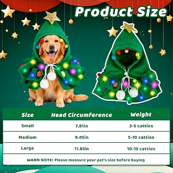 Dog Cat Christmas Costume Outfit - LED Pet Cape Clothes with Xmas Tree Hat