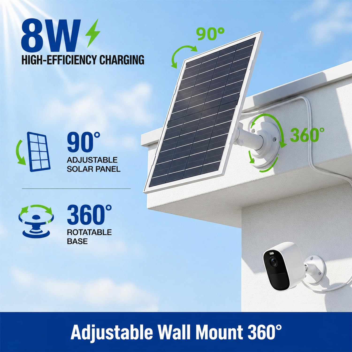 Paneles solares de 8 W para cámara de seguridad, panel solar con puerto micro USB y USB-C para cámara de batería recargable de 5 V CC para exteriores, IP65 impermeable (1 unidad)