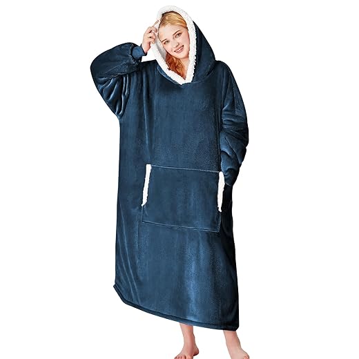 yescool Oversized Wearable Blanket Hoodie, Flannel Sherpa Fleece Blanket Sweatshirt for Adults Women Men, Big Plush Cozy Hooded Blanket with Hood, Pocket & Sleeves, One Size Fits All (Navy Blue)