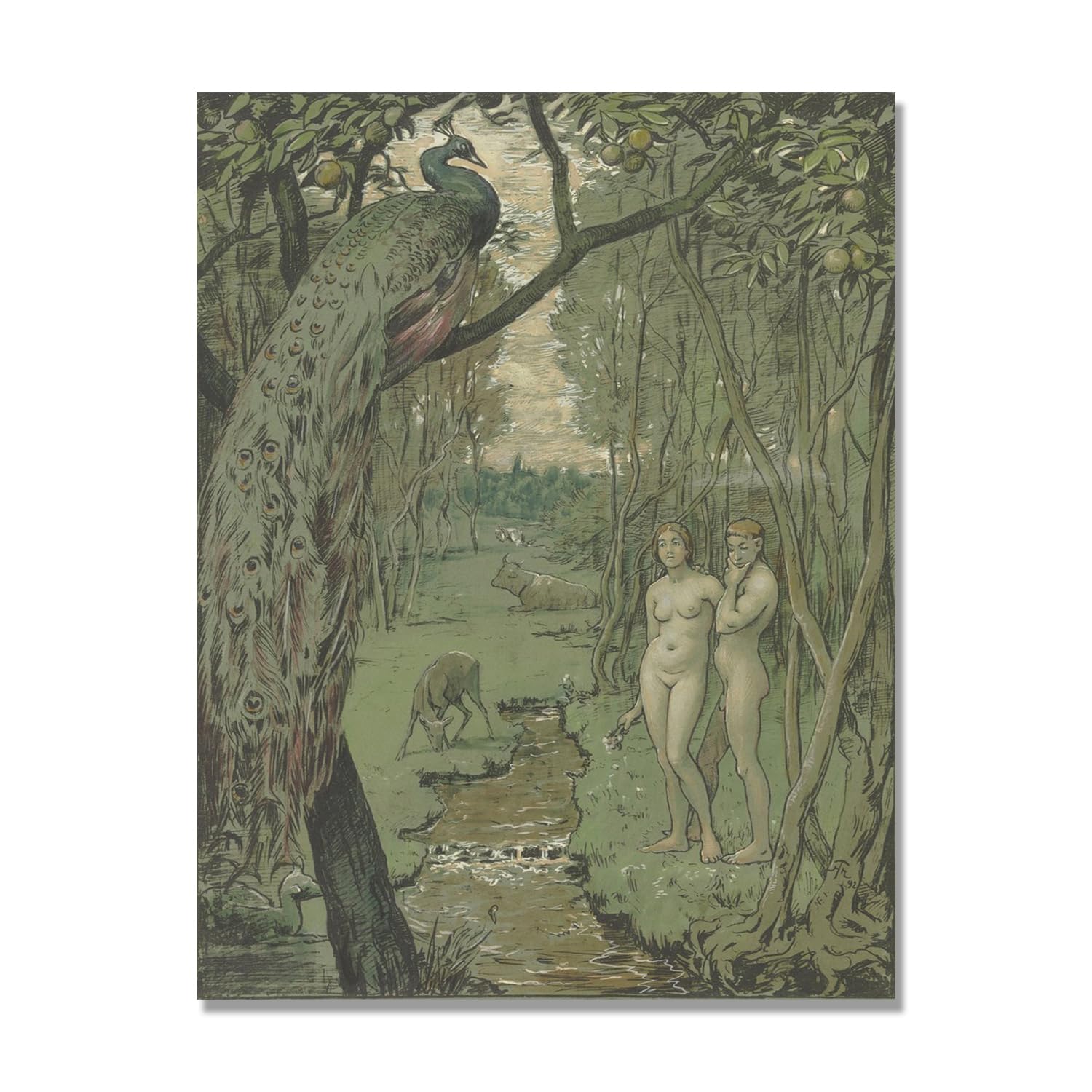 NHLDZYH Hans Thoma Style Canvas Wall Art - (Paradise With Peacock), German Romantic Realism Painting with Symbolic Nature, Rustic Country Home Decor. 80x105cm-31.5x41.3in. Only Canvas