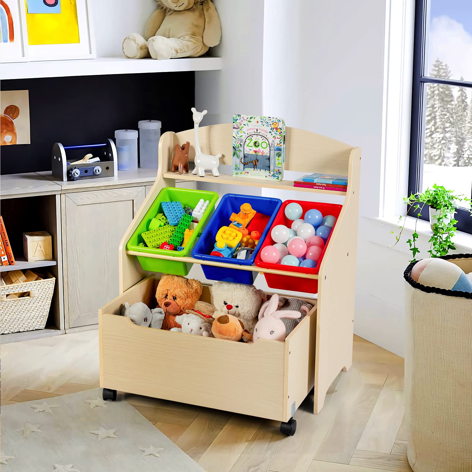 DREAMADE Coffre à Jouets pour Enfants avec 3 Palettes, Boîte de Rangement en Bois, PP, Fer, Grande Capacité de Chargement pour Jouets, Livres, Vêtement, 63,5X38X76 CM(Noyer)