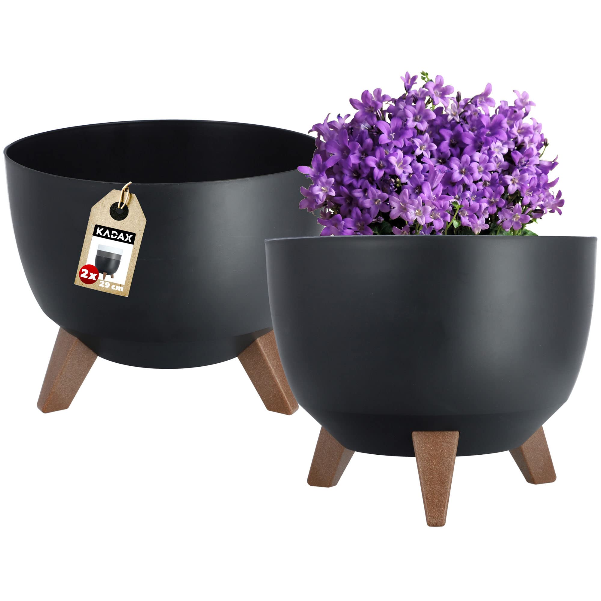 KADAX Pot de Fleurs en Plastique sur Trois Pieds, Effet Bois pour Sublimer la Décoration de Votre Maison, Intérieur et Extérieur (Lot de 2: Noir, 29 cm)
