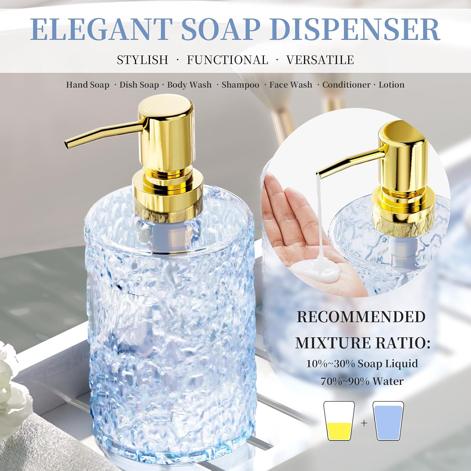 Blue Glass Bathroom Accessories Set 5 Pcs Soap Dispenser Toothbrush Holder | Sink Countertop Organizer Tray, Liquid Soap Dispenser with Gold Pump, Cotton Swab Jar, Tumbler, Soap Dish for Restroom Decor