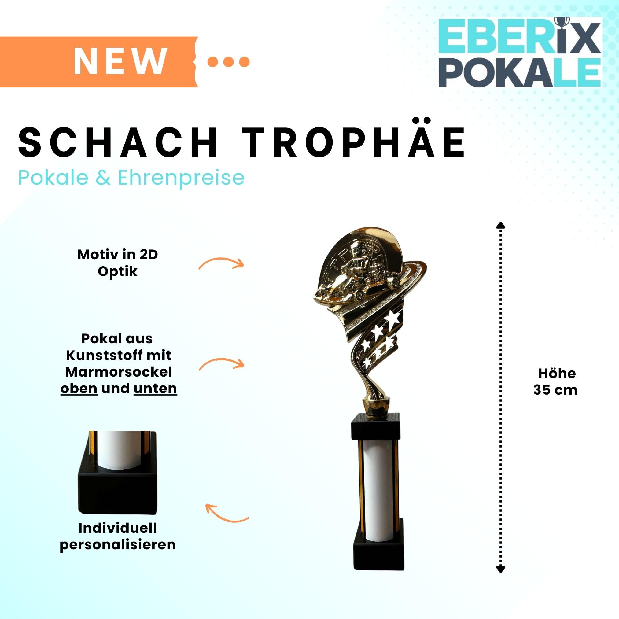 eberix · Go-Kart Motorsport Pokal · mit Wunschgravur · Trophäe mit weißer Glanzsäule · Siegerpokal für Kart-Rennen, Jugendkart, Motorsport-Wettbewerb · personalisierbar ·