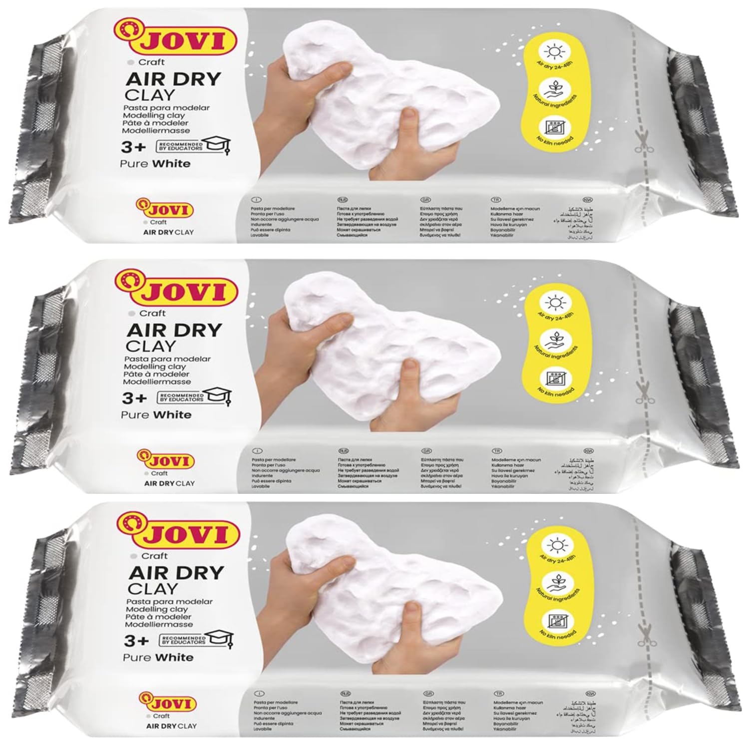Jovi European Air-Dry Modeling Pure White Clay 3 Packets - Each Pack of 250 Grams for Sculpting Pottery Art & Craft Handicraft Educational Purpose Fine Motor Skills