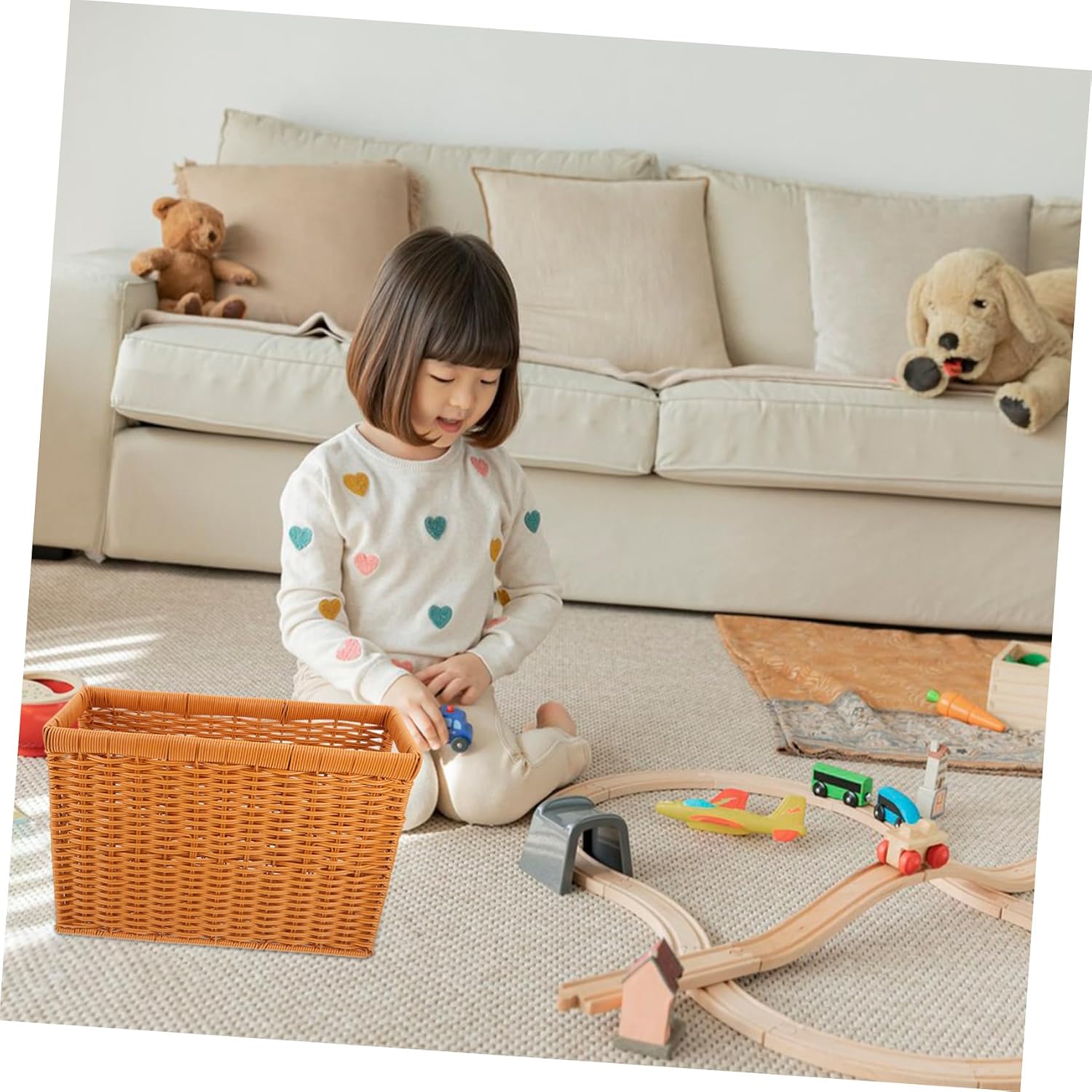 STOBAZA Imitation Rattan Woven Basket Multi Function Storage for Magazines Books and Stylish Japanese Design for Desk and Shelf Organization