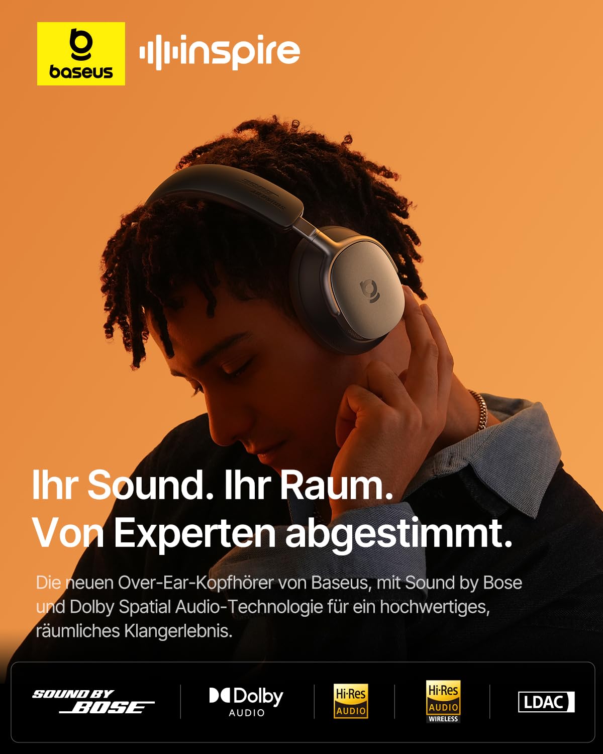 Baseus Inspire XH1 Over-Ear Kopfhörer mit Noise Cancelling -48 dB, Sound by Bose, Cloud-Komfort, Dolby Audio & Hi-Res für Unglaublich Dynamischen Sound, 100 Std. Spielzeit, Bluetooth 6.1, 5 Mikrofone